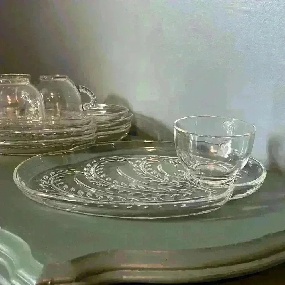 vintage cut glass tea cup and tray 8 piece set 4 cups 4 plates